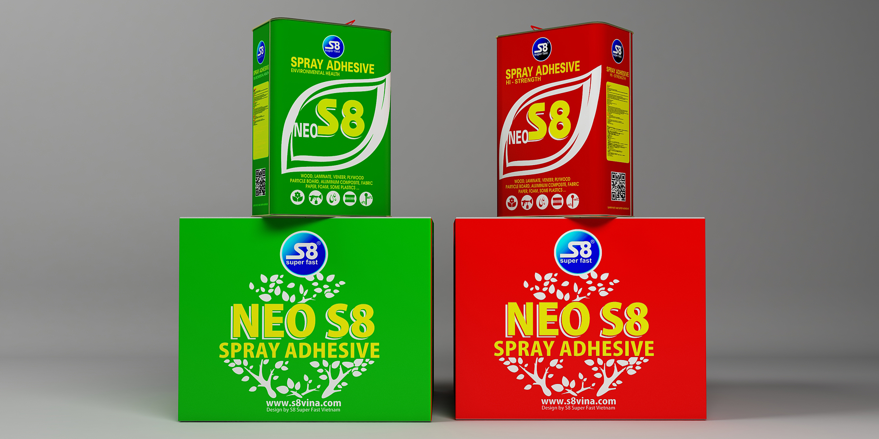 Keo phun S8 -Neo S8 - Keo chịu nhiệt ngoại thất RED và nội thất GREEN - spray adhesive for laminate hpl, flexlaminate An Cường